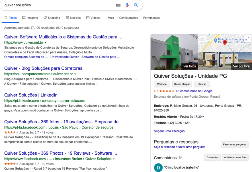 O Google My Business (à direita) apresenta diversas informações sobre a empresa para o usuário que pesquisa por ela.